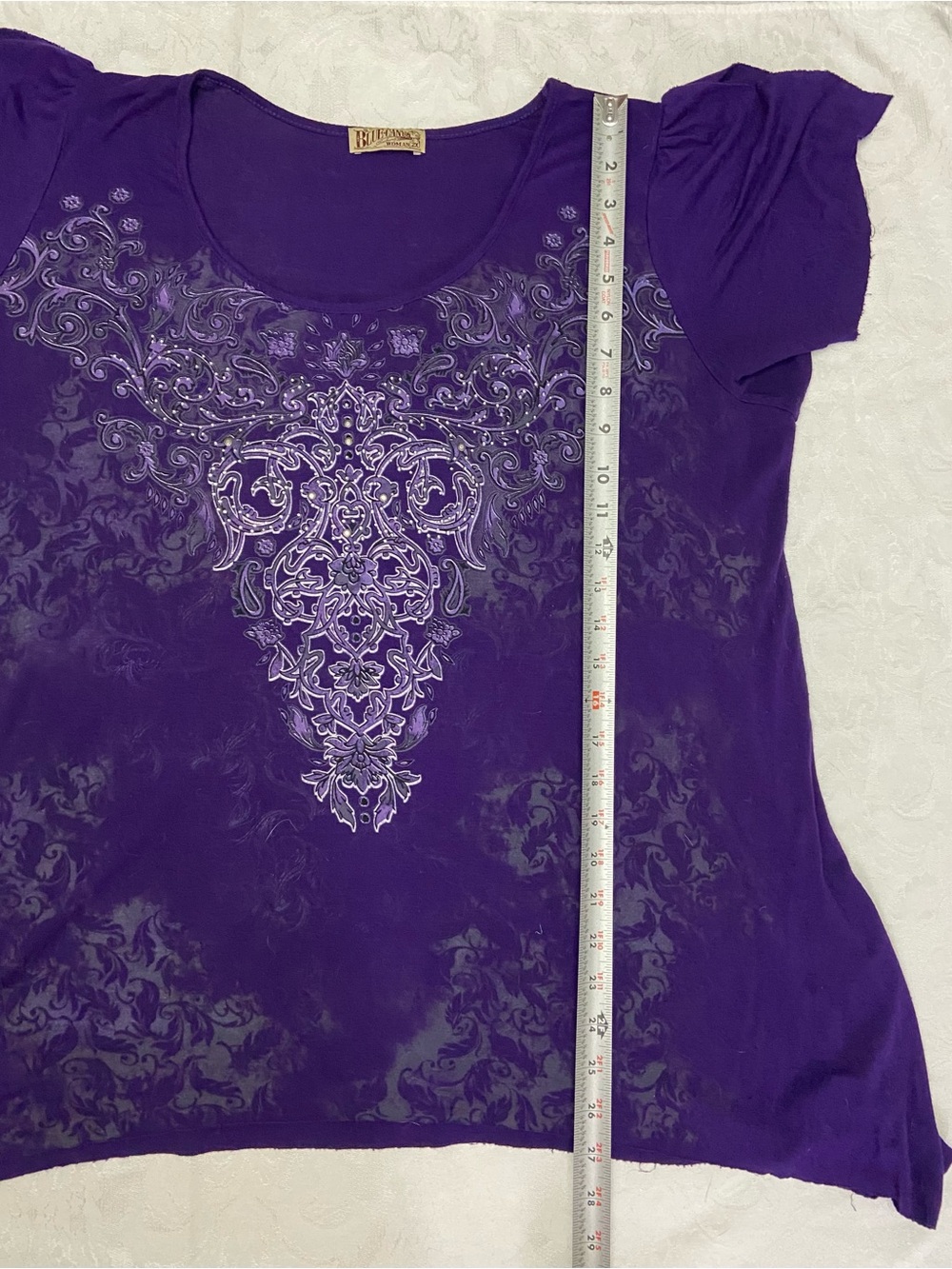 Purple Short Sleeve Scoop Neck Top with embellished Ornate Front Motif - Picture 3 of 6